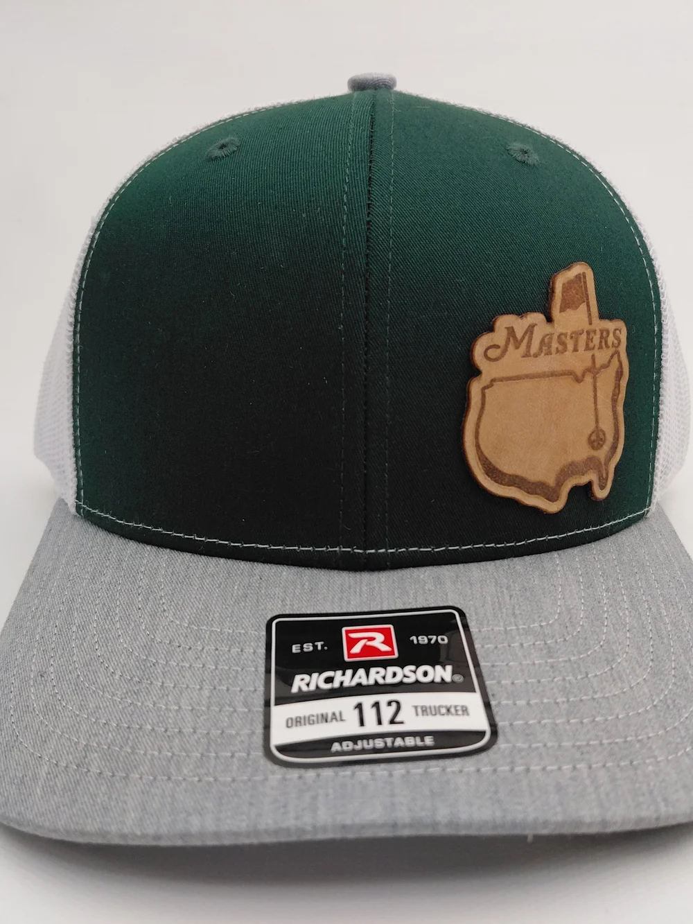 Richardson Trucker Hat with Masters Leather Patch - Dark Green & Gray
